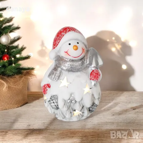 5331 Светеща керамична фигура Снежко с лопатка, 13 см