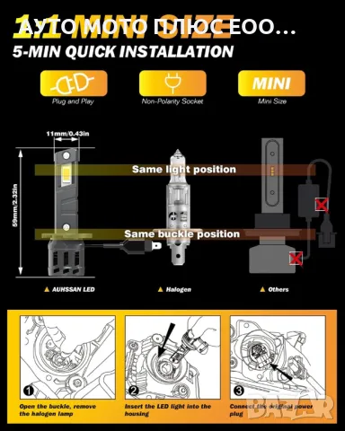 LED Диодни крушки за фарове- H1, DC9-18V, 10600LM, 6500K., снимка 3 - Аксесоари и консумативи - 49639296