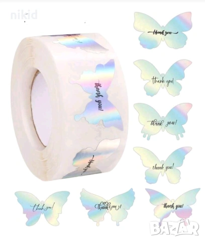 100 бр Thank You пеперуда холограмни малки самозалепващи лепенки стикери за ръчна изработка подарък, снимка 3 - Други - 53448718