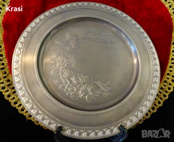 Калаена чиния за стена,пано с Честито,калаена сватба. , снимка 4 - Антикварни и старинни предмети - 47497058