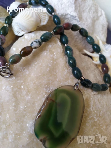 Колие от Индийски Ахат с плоча от зелен Ахат, снимка 2 - Колиета, медальони, синджири - 51326676