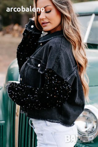 Дамско късо дънково яке с пайети, снимка 4 - Якета - 43662340
