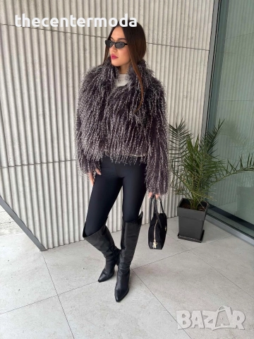 Дамско сиво палто от еко косъм 