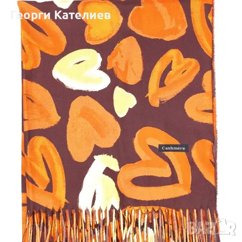 Луксозен дамски зимен комплект шал и ръкавици в оранжево със сърца Код на продукта:DAK-6, снимка 3 - Шалове - 48109877