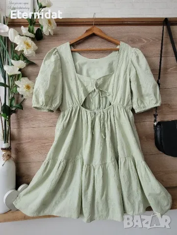 Зелена разкроена лятна рокля бродирани цветя с ефектен гръб , снимка 5 - Рокли - 49906651