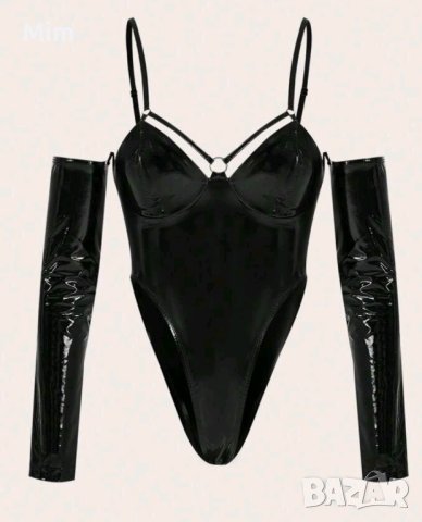 L Черно боди с ръкави от лак / винил/, снимка 3 - Корсети, бюстиета, топове - 43556430