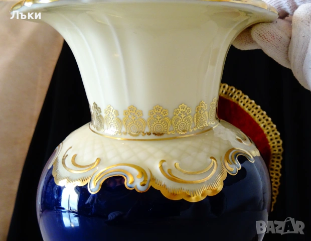 Порцеланова ваза,баварски порцелан Schumann,злато,кобалт.  , снимка 6 - Вази - 53404996