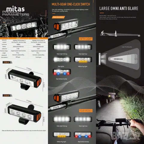 Ултра ярка LED светлина за велосипед, Многоцветна, 1200lum/2500mAh USB, снимка 11 - Аксесоари за велосипеди - 49161325