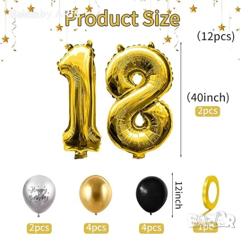 Златни Балони '18': 40 инча, за 18-ти Рожден Ден, Злато-Черни и Сребърни, снимка 2 - Подаръци за рожден ден - 49828349