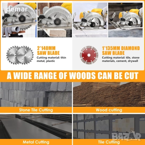 12,5 см Акумулаторен циркуляр, съвместим с батерия Dewalt 20V, 3 диска, 9500 об/мин - без батерия, снимка 4 - Други инструменти - 51734176