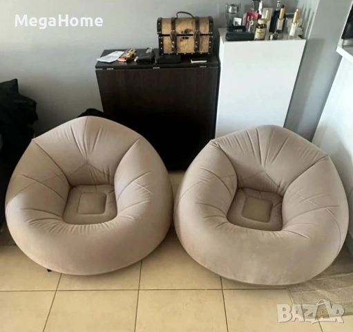 Плюшен надуваем фотьойл, мека и удобна повърхност, 110x110x85 см, бежов, снимка 5 - Дивани и мека мебел - 53491443