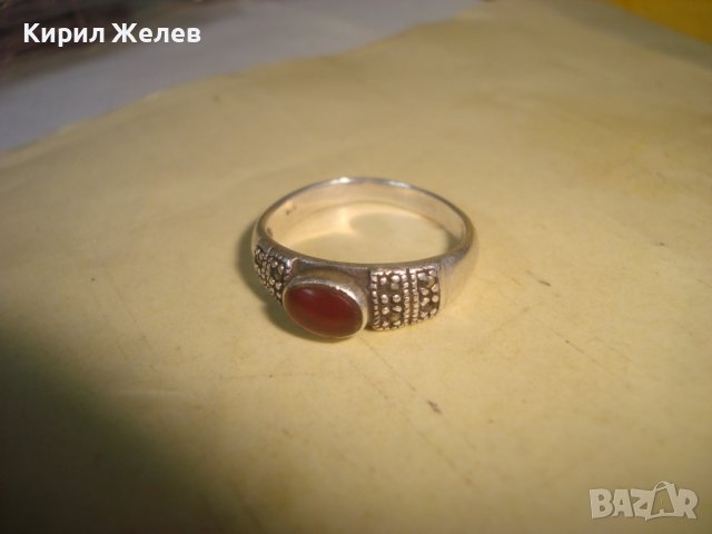 СТАРИНЕН СРЕБЪРЕН с ЧЕРВЕН КЕХЛИБАР АРТ ДЕКО ПРЪСТЕН СРЕБРО 925 с 3 МАРКИРОВКИ и МАРКАЗИТИ 27192, снимка 6 - Антикварни и старинни предмети - 36869057