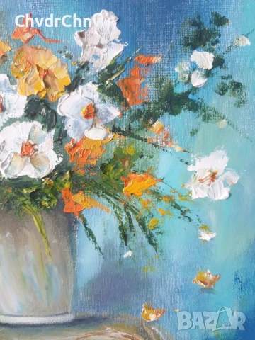 Деница Гарелова 30x30см/малка българска картина масло върху платно/натюрморт-цветя/без рамка, снимка 3 - Картини - 51160560