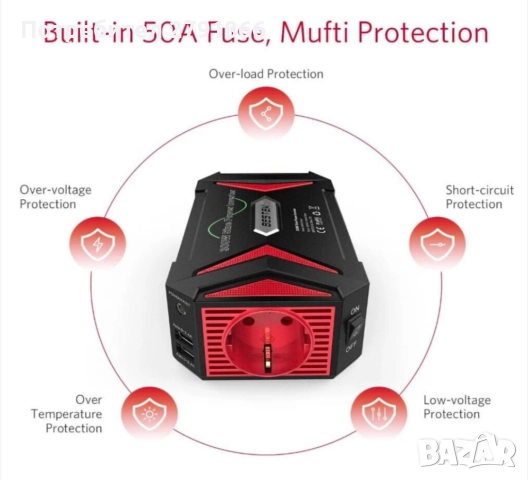 BESTEK 300W Чист синусоидален инвертор 12V към 240V 230V с 4.8A два смарт USB порта адаптер за кола, снимка 3 - Аксесоари и консумативи - 51854822