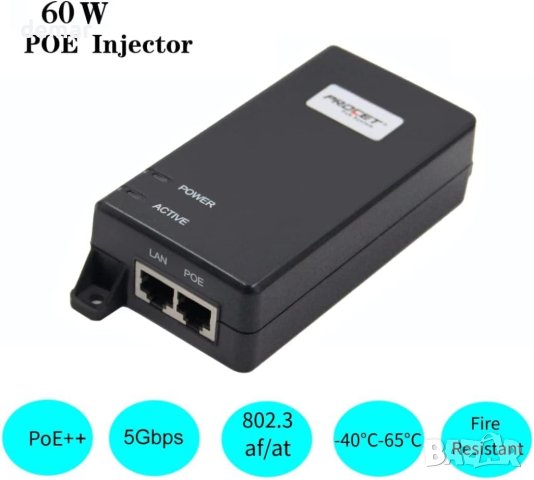 Procet 60W 5Gbps, активен PoE-Injector-Midspan 60W 55V,802.11ax,WiFi 6, снимка 2 - Кабели и адаптери - 43587333