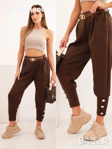 Дамски панталон butter с декоративни копчета и кафяв колан