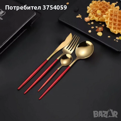 Комплект прибори за хранене от 24 части с луксозен дизайн и магнитна кутия златисто с червено KN2, снимка 4 - Прибори за хранене, готвене и сервиране - 53208385
