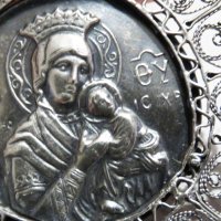 Възрожденска Сребърна икона, амулет, накит, медальон с Богородица, Дева Мария - Панагия 60 мм - Бого, снимка 4 - Антикварни и старинни предмети - 32350179