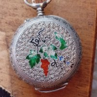 Сребърен джобен часовник,цветен емайл,1890, снимка 5 - Антикварни и старинни предмети - 43909408