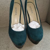Зелено/сиво велур обувки на ток, снимка 2 - Дамски обувки на ток - 37933541