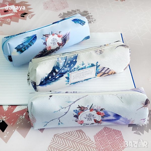 Ученически несесер с нежен принт на пера несесер за моливи, снимка 1