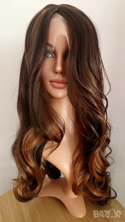 Парти тъмно кафява синтетична перука с руси кичури, на път, 65 см, снимка 1