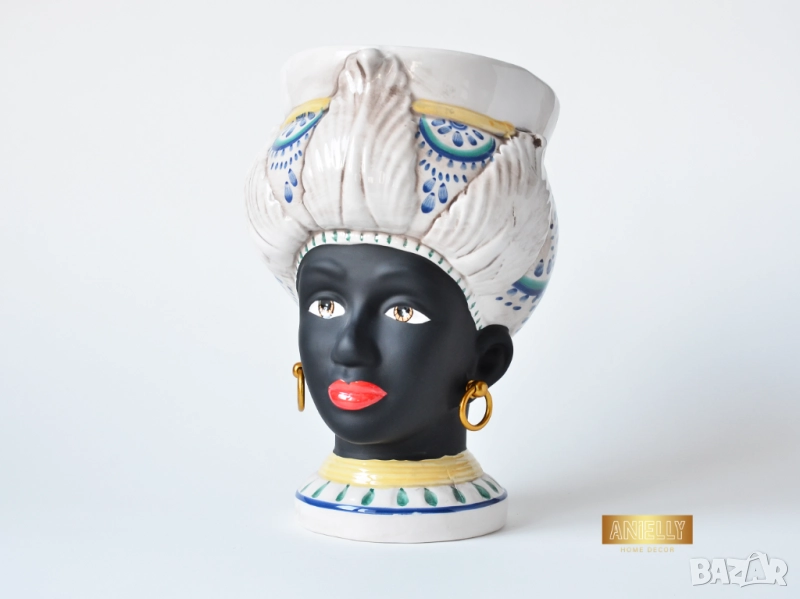 Керамична Саксия / Кашпа за Цветя с Форма на Глава на Африканска Жена / Подарък Декорация за Дома, снимка 1