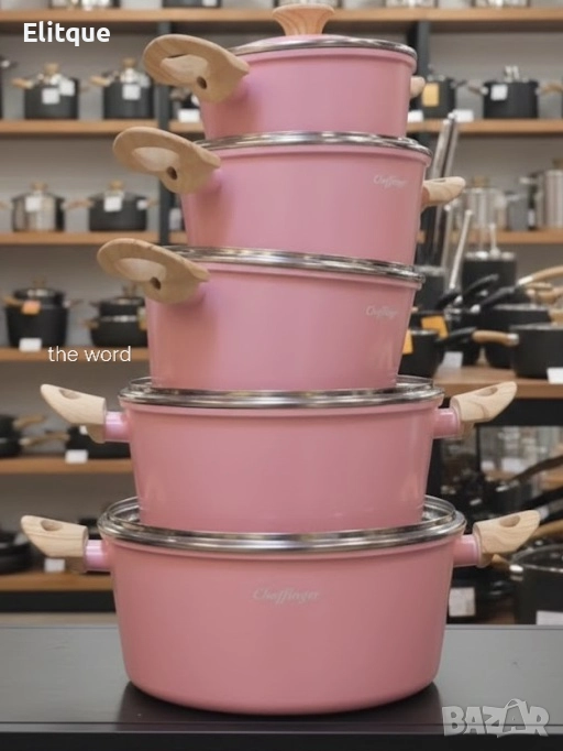 Cheffinger - Розов комплект тенджери, с мраморно покритие, здравословно готвене без залепване, снимка 1