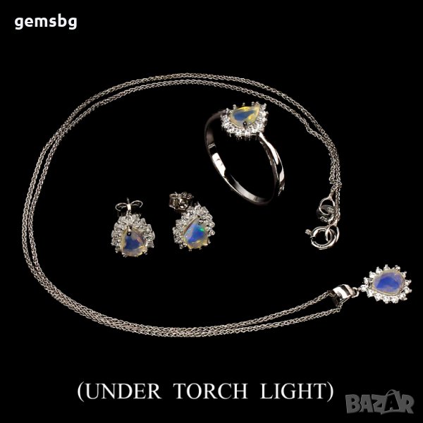 Сребърен комплект с естествен огнен опал и циркони, снимка 1