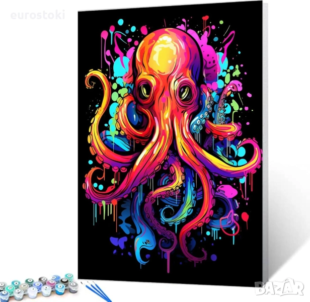 Tucocoo Комплекти за рисуване по номера с рамка Октопод, с четки и акрилни бои върху платно за възра, снимка 1