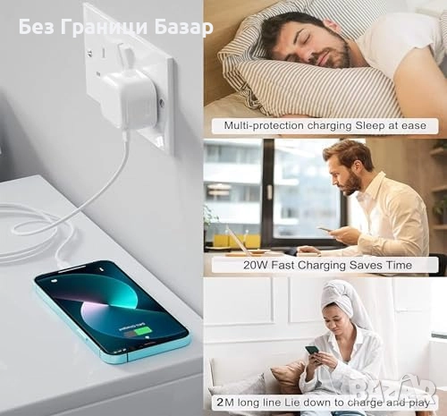 Ново 20W PD Зарядно за iPhone + USB-C към Lightning Кабел 2 метра Айфон адаптер, снимка 8 - Аксесоари за Apple - 51678434