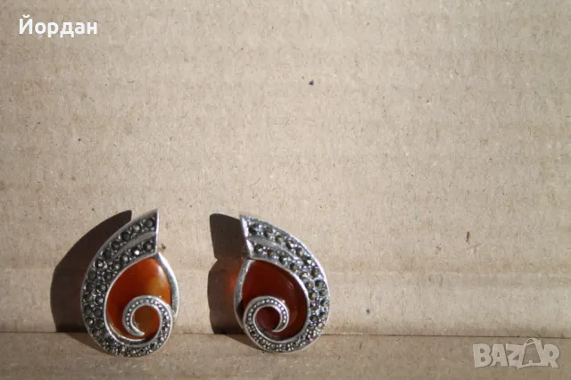 Дамски сребърни обеци с камъни маркезити и карнеол, снимка 3 - Обеци - 48425766