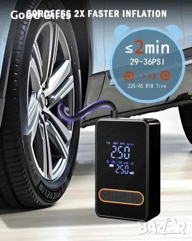 Преносим акумулаторен компресор с дисплей за помпане на гуми с детектор за налягане, снимка 2 - Компресори - 50209108