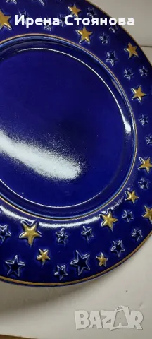 Керамично плато в кобалтово синьо, златен кант и коледен мотив. Ръчно рисувана златна декорация, снимка 7 - Декорация за дома - 47834933