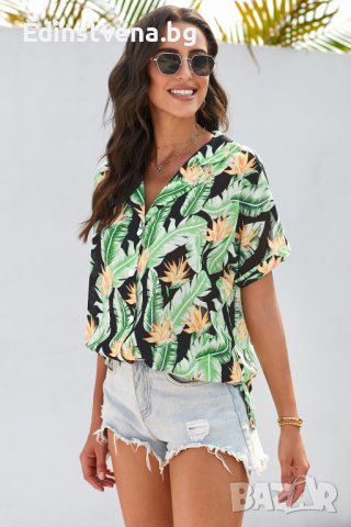 Дамска риза с къс ръкав и тропически принт, снимка 5 - Ризи - 40518141