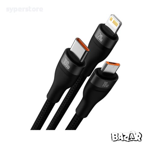 Кабел USB или Type C към Lightning, Micro USB и Type C 1.5m 100W Baseus CASS030201 Cable USB 3 in 1, снимка 2 - USB кабели - 38624611