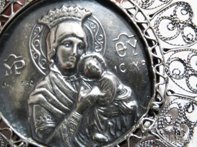 Възрожденска Сребърна икона, амулет, накит, медальон с Богородица, Дева Мария - Панагия 60 мм - Бого, снимка 4 - Антикварни и старинни предмети - 32350179