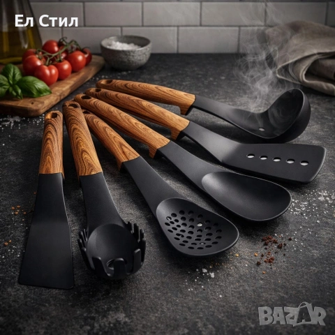 Комплект кухненски прибори 6 части с въртяща се стойка– дървесна визия, снимка 4 - Прибори за хранене, готвене и сервиране - 53573058