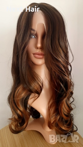 Парти тъмно кафява синтетична перука с руси кичури, на път, 65 см
