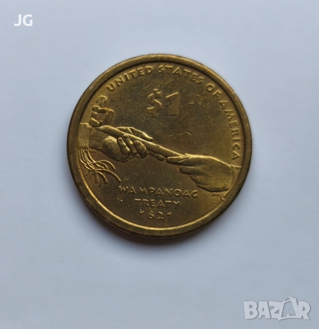 1 долар САЩ Индианката договорът Уампаноаг 1621 1 долар 2011 Американска монета , снимка 2 - Нумизматика и бонистика - 52849311