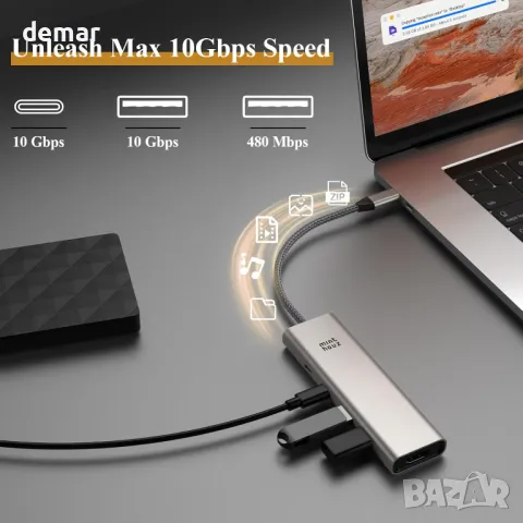 Minthouz USB C хъб, 5 в 1 многопортов адаптер, USB C към HDMI с 4K@60Hz, 140W PD, 2 Type-A&1*Type-С, снимка 4 - Кабели и адаптери - 49514493