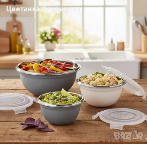 Купи от неръждаема стомана GOURMETmaxx с капаци - 3 в 1 за съхранение, снимка 5 - Чинии - 53124162