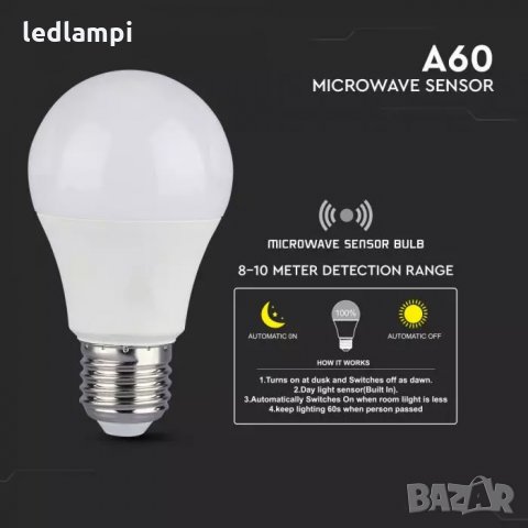 LED лампа 11W E27 с Микровълнов сензор-ден и нощ, снимка 3 - Крушки - 35334421