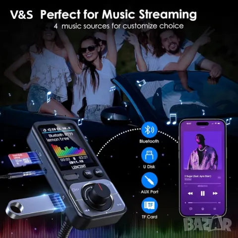 LENCENT Bluetooth 5.0 FM трансмитер за кола, AUX адаптер за радио за кола, голям цветен екран, MP3 , снимка 6 - Аксесоари и консумативи - 48247021