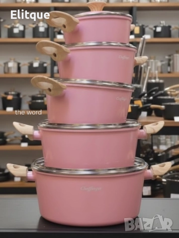 Cheffinger - Розов комплект тенджери, с мраморно покритие, здравословно готвене без залепване