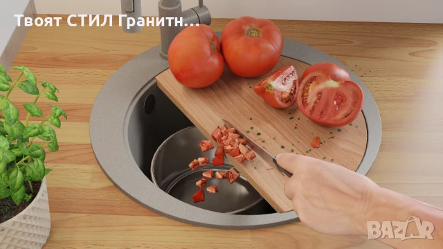 Сива кръгла кухненска мивка от гранит Пиза 45 Top 500 x 500 мм, снимка 4 - Мивки - 50782877