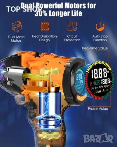 AUTDER Безжична помпа за гуми, преносим въздушен компресор 21V батерия и 12V DC, 180 PSI, снимка 6 - Аксесоари и консумативи - 49938057