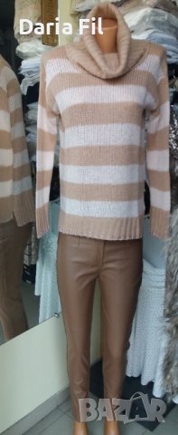 Бежов еластичен панталон с висока талия с ефект на кожен, снимка 4 - Клинове - 39425786