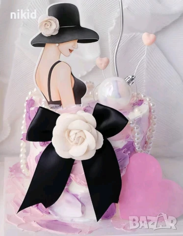 Жена Дама в черно със шапка и пандела пластмасов топер украса декор торта, снимка 3 - Други - 51347042