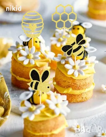 12 бр Пчела кошер пчелна медена пита брокатени топери за мъфини кексчета декор торта парти, снимка 4 - Други - 50389392